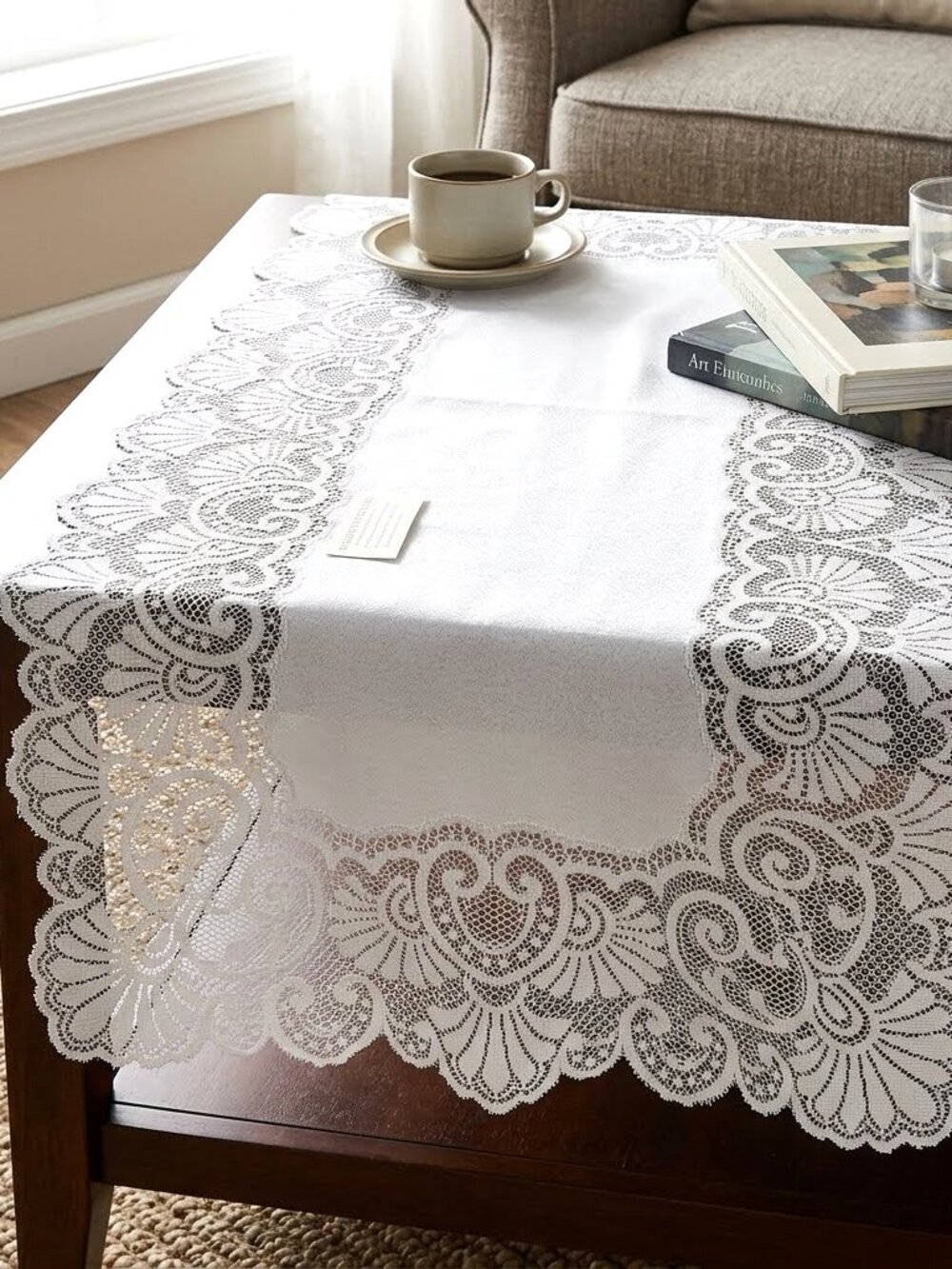 Elegant White Lace Small Coffee Table Runner Scalloped Border Table Linens